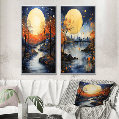 " Orange Bridge Abstracted Riverine Pointillism " 2 - Pieces