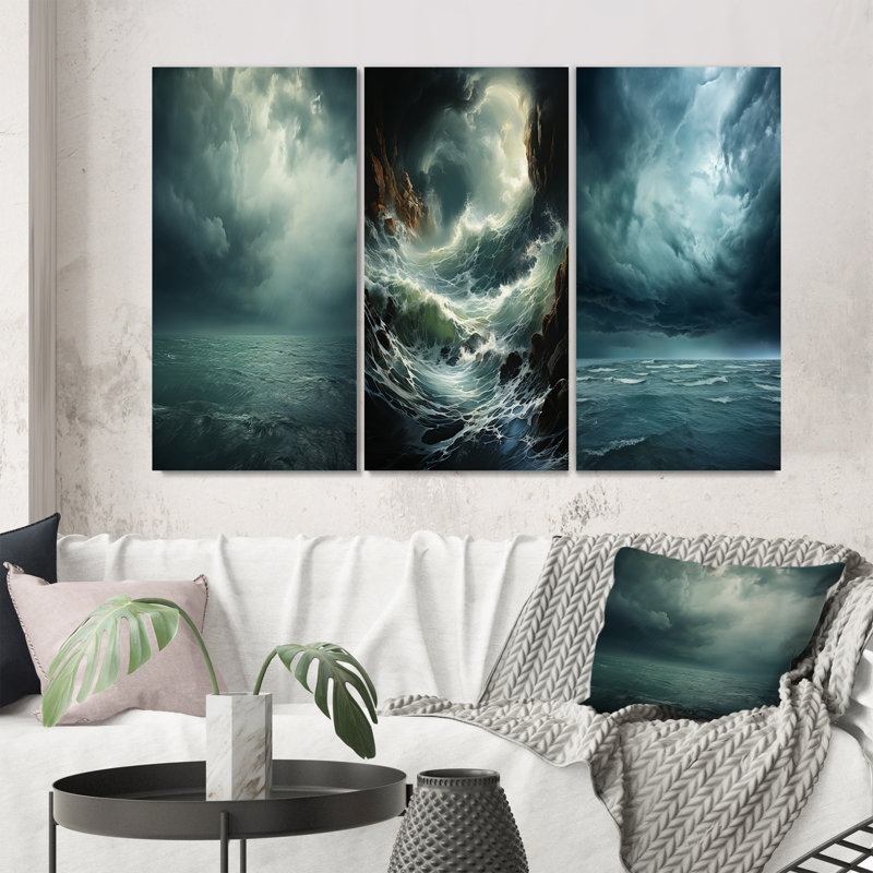 «Ocean Storm Harmony», 3 pièces sur toile, Encadré naturel, H 40 po x l 60 po