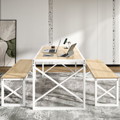 Aithan 3-Piece 55 Inch Oak Dining Table Set with Benches, Rustic Kitchen Table Set for Small Spaces, Modern Farmhouse Dining Set with Bench for Kitchen & Dining Room