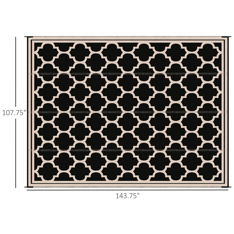 Outsunny Reversible Outdoor Rug Carpet, 9' x 18' Waterproof Plastic Straw Rug, Portable RV Camping Rugs with Carry Bag, Large Floor Mat for Backyard, Deck, Picnic, Beach, Black & Beige