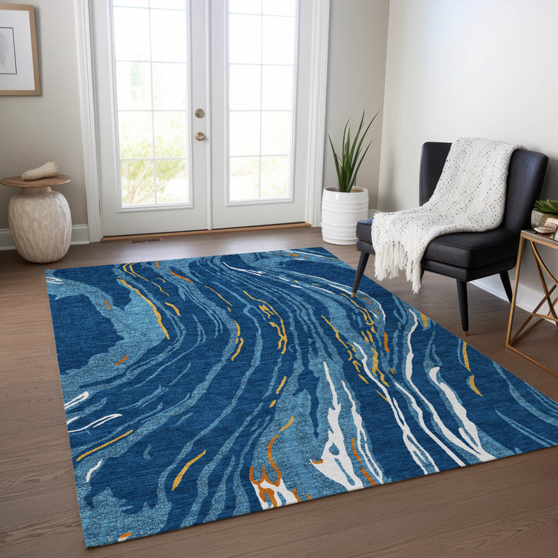 Navy and Orange Flat Woven Synthetic Washable Rug 3' x 5'
