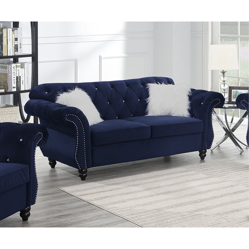 Causeuse formelle de luxe 1pc en velours indigo avec coussins 2 places