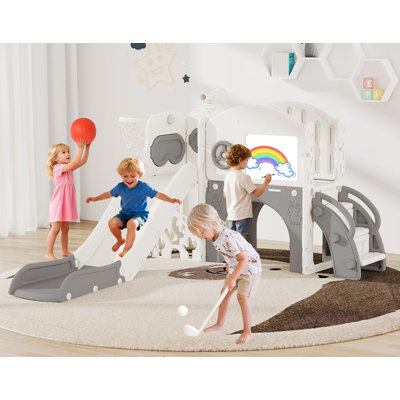 10-in-1 Toddler Slide Playset,Indoor Playground for Kids 1-3 and Toddler Outdoor playset with Golf Set, Basketball Hoop, Climbing Frame, Drawing Board and Steering Wheel, Gray & White