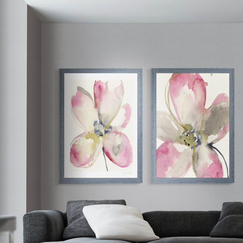 Magenta pétales I, ensemble de 2 reproductions d’art encadrées, H 20 po x l 16 po x P 1,25 po, Toile avec cadre gris