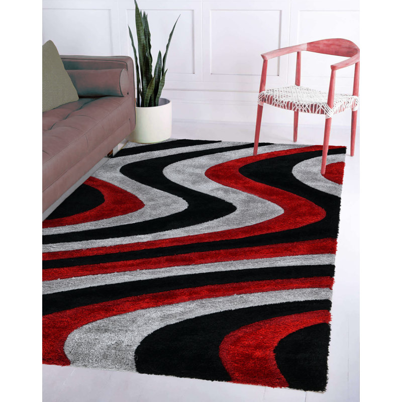 RugGuy Geometric Modern Area Rug - Red & Black Wavy - for Living Room, Dining Room - 5'3" x 7'3" , Shed-Free, Easy to Clean