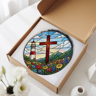 12"H Lighthouse Cross Stained Glass Window Panel