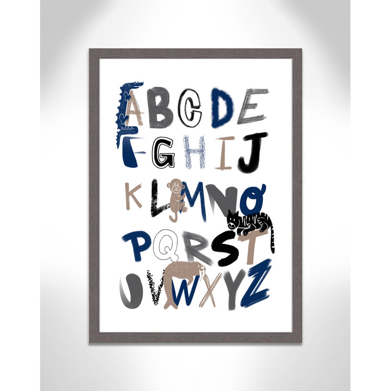 Critter Alphabet 1, impression sur papier, H 34,5 po x l 24,5 po x P 0,6 po, Encadré plat à grain de bois gris