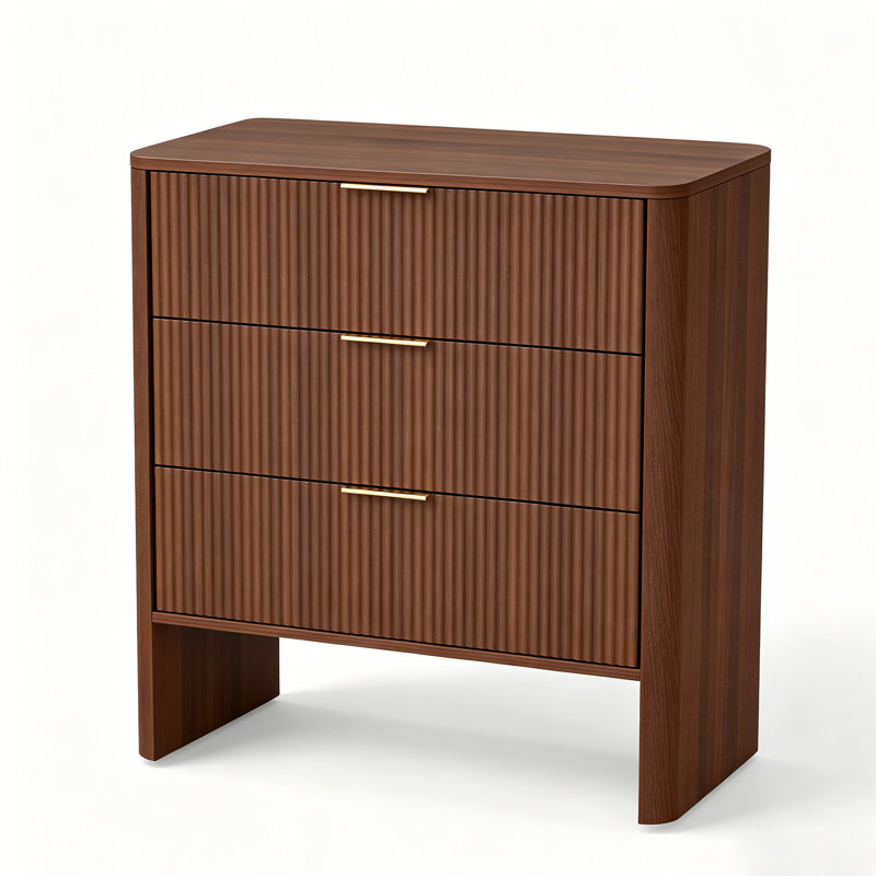 Storage Cabinet With Drawers, Wooden Cabinet With 3 Drawers Wavy Pattern Modern Bedside Cupboard Dressing Table For Bedroom Living Room Hallway Walnut Color