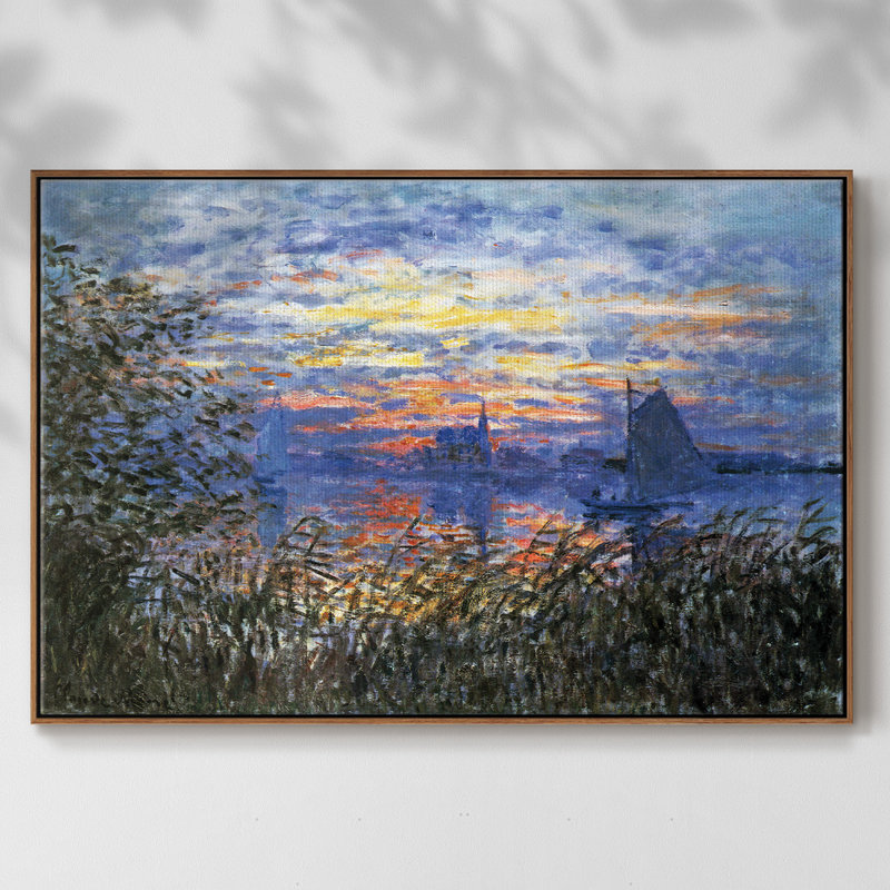 " Sunset On The Seine " by Claude Monet, Walnut Floater Framed Canvas, 27" H x 41" W x 2" D