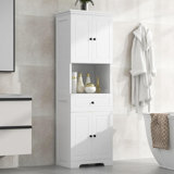 Rectangular Storage Cabinet with Doors, Open Bookcase, Freestanding Organizer Display for Kitchen, Office, Adjustable Shelves, White