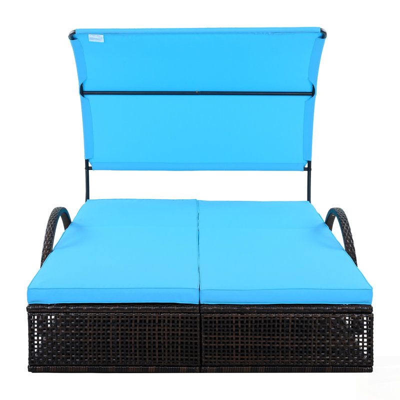 Chaise longue d'extérieur à structure en acier avec dossier réglable, conception à deux chaises et table d'appoint intégrée pour le patio, le jardin et la cour