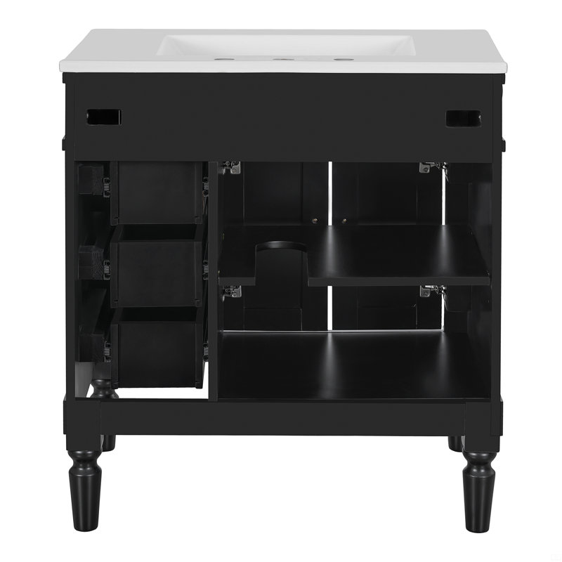 30-Inch Bathroom Vanity, Solid Wood Frame + Mdf, 2 Doors 3 Drawers, Soft-Close Design, 30", Black/Gold