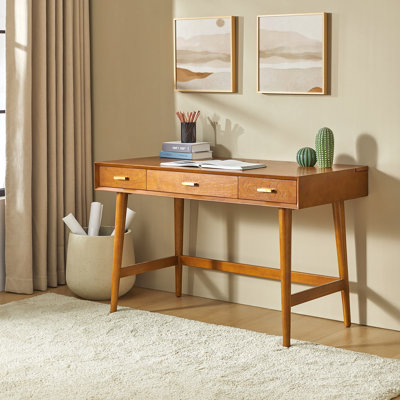 Kerah 48" Mid Century Modern Computer Desk with Solid Wood and Built-in Charging Cable Management Compartmentalized  Drawer