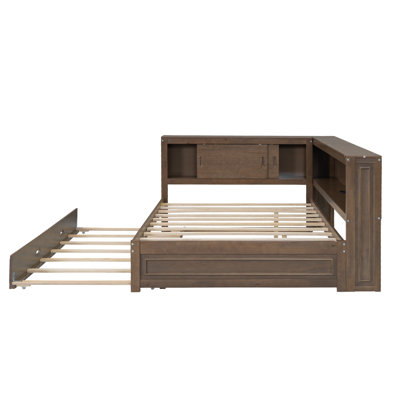 Lit de jour en bois pleine grandeur avec couchette, tablettes de rangement, lumières DEL et ports de charge USB, couleur bois antique