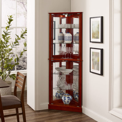 Armoire de coin avec lumières, tablettes réglables en verre trempé, dossier miroir