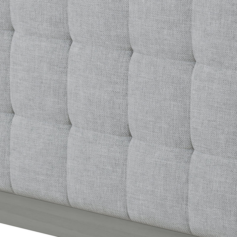 Grand lit, plateforme en bois massif, tête de lit tapissier carrée, thème Mid-Century moderne, ton gris, taille d'assemblage facile, cadre de plateforme, design, finition, système de lattes silencieuses