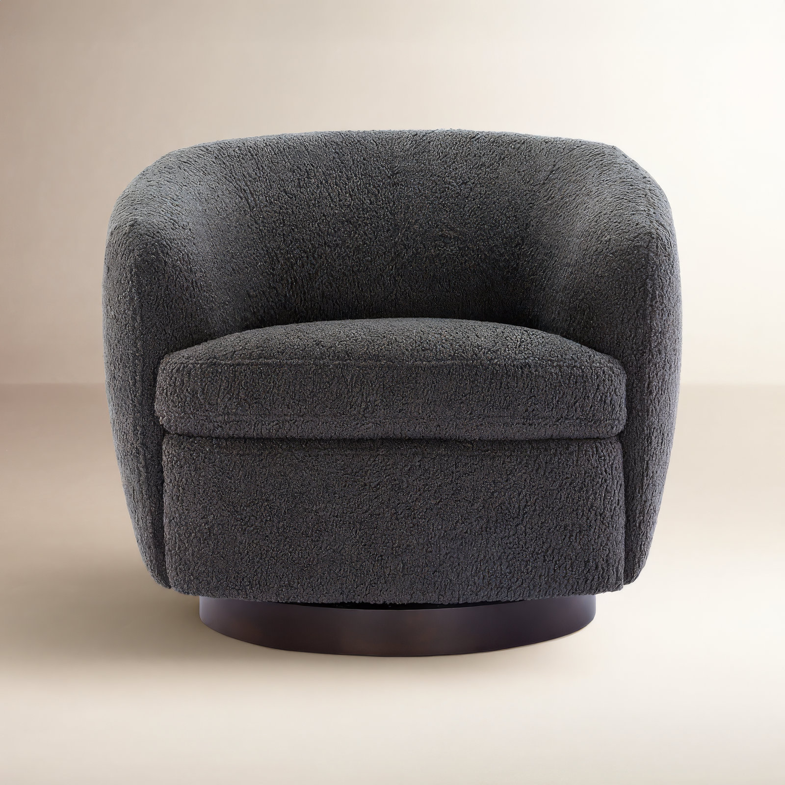 Marcy Upholstered Swivel Barrel Chair, Aries Grey Boucle