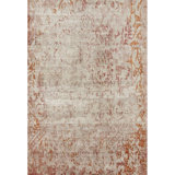 Tapis unique en soie et en laine noué à la main de 6 pi x 9 pi rouge / ivoire / orange