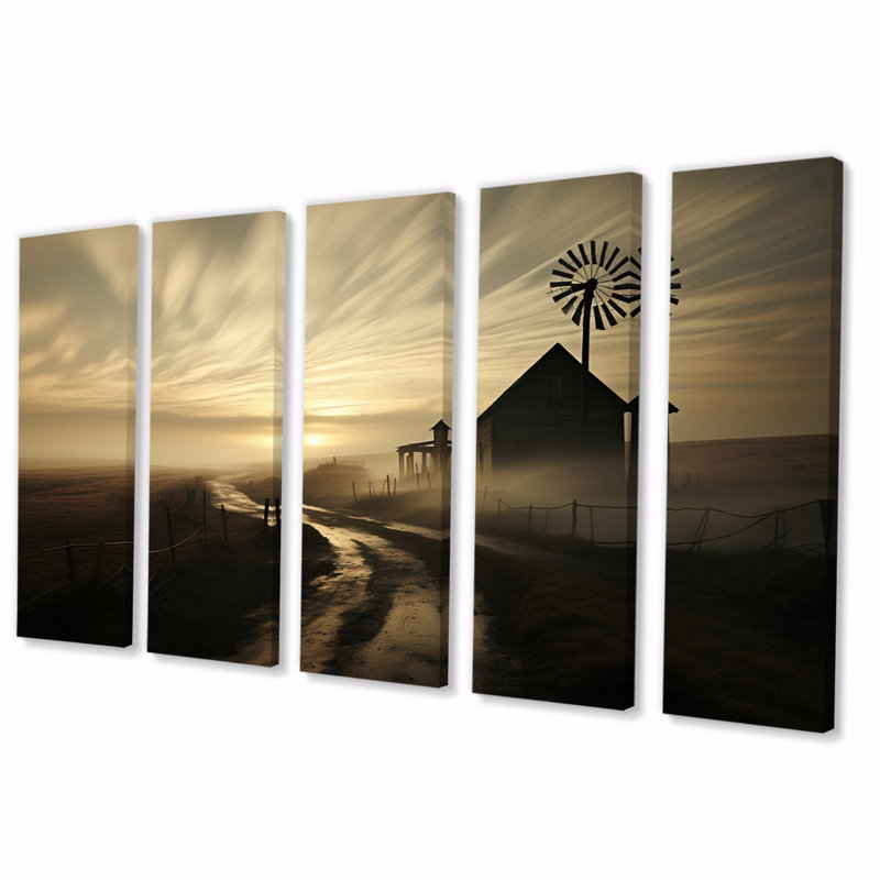 Wind Turbines Country Charm III - campagne, reproduction d'art sur toile - 5 panneaux égaux