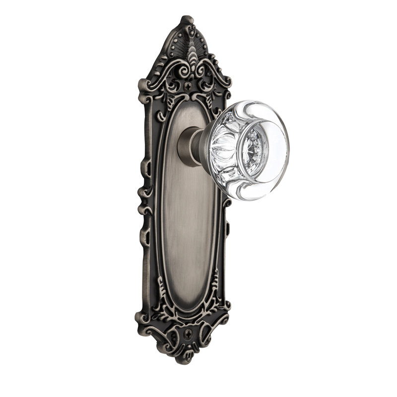 Plaque victorienne avec poignée ronde en cristal transparent, Étain antique