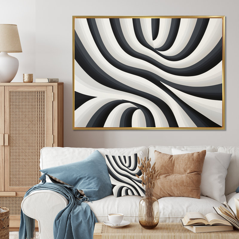 Rêve optique noir et blanc sur toile, H 30 po x l 40 po x P 1,5 po, Cadre flottant doré
