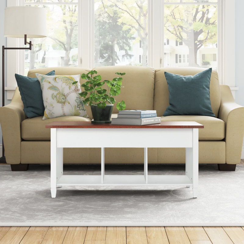 White 39.96in Rectangular P2 Board Liftable Double-Layer Solid Wood Leg Coffee Table, White, Brown