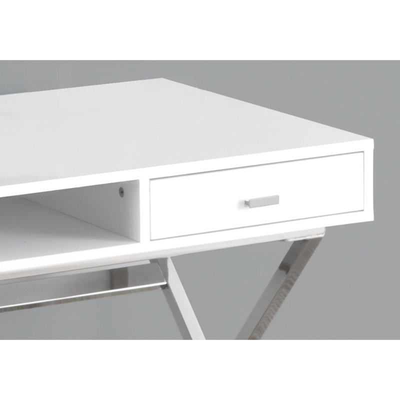 Bureau contemporain pour petit espace de travail - 122 cm (48 po) - Blanc lustré - Piètement en métal - 2 tiroirs et étagère ouverte - Installation et rangement pour ordinateur