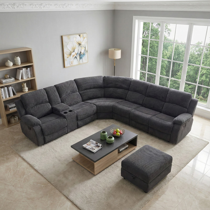 Ensemble de canapé inclinable manuel moderne en L gris foncé en velours côtelé, Gris