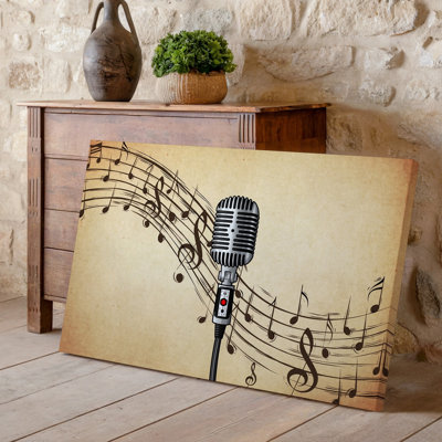 Canvas A Vintage Microphone Stands Prominently Against A Textured Warm Beige Wall Art Background Exuding A Nostalgic Feel The Canvas Wall Art