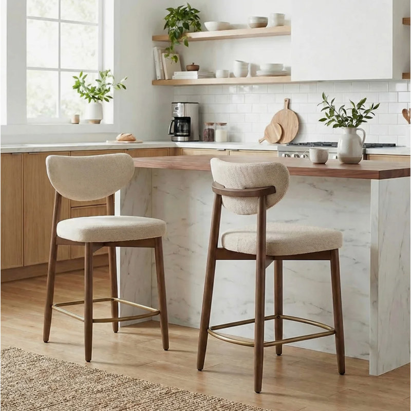 Tabouret de bar rembourré de style milieu du siècle, hauteur de comptoir, avec pieds en noyer massif, Blanc