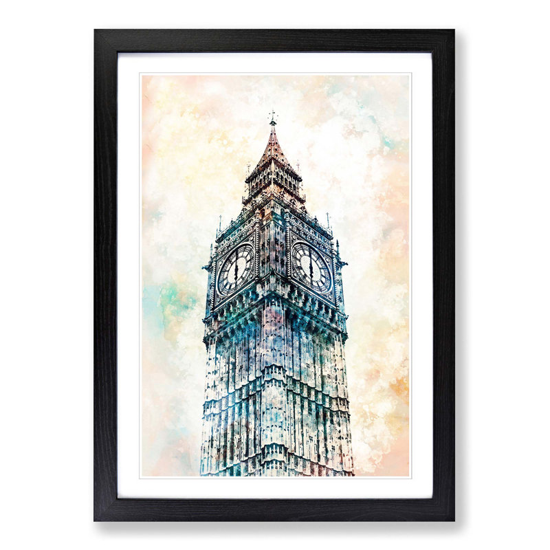 Big Ben London in Abstract - Picture Frame Painting Print, 36cm H x 27cm W x 2cm D, Black Framed