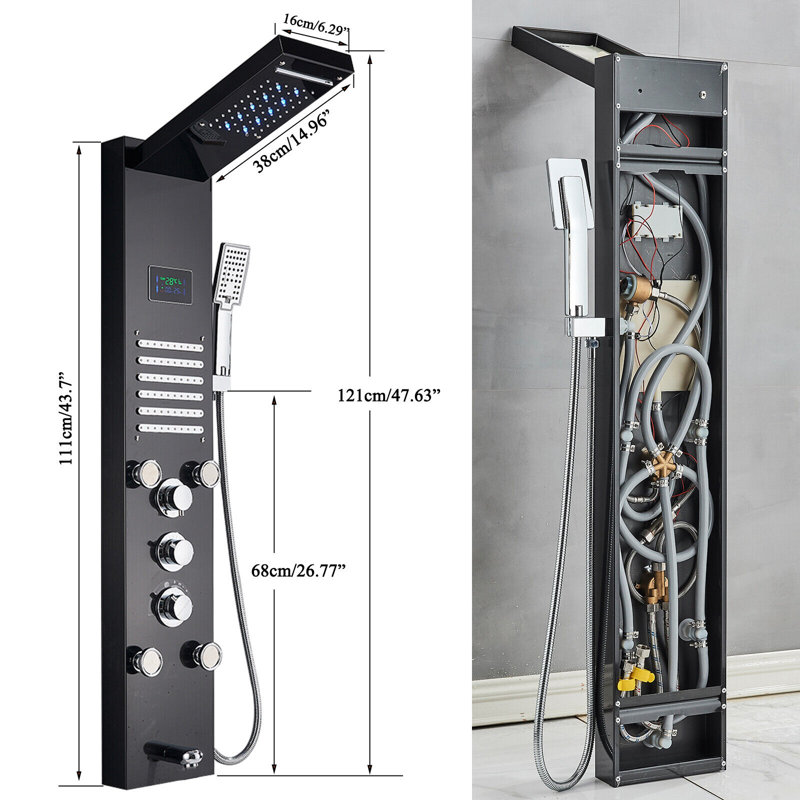 LED Shower Panel Tower Rain&Waterfall Massage Body Jets System Stainless Steel, Matte Black