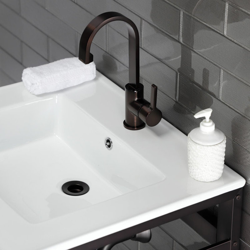 Quadras Ceramic Rectangular Console Bathroom Sink with Overflow, White/Oil Rubbed Bronze, Single