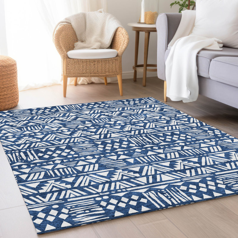 Premium Machine Washable Prisco Navy Rug, Rectangle 5' x 7'6"