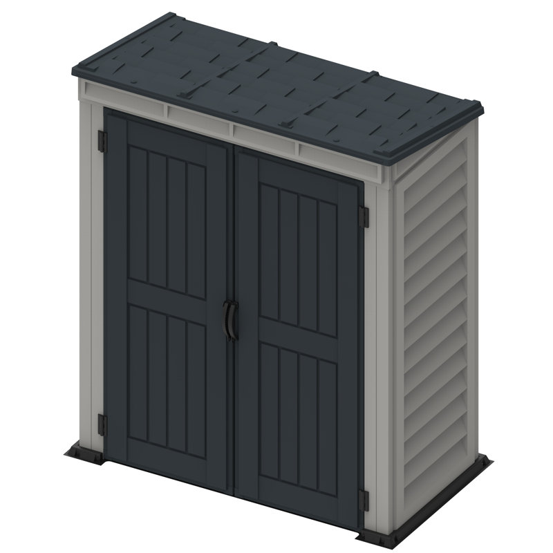Gray Vinyl Lean-To Storage Shed with Shelving and Windows