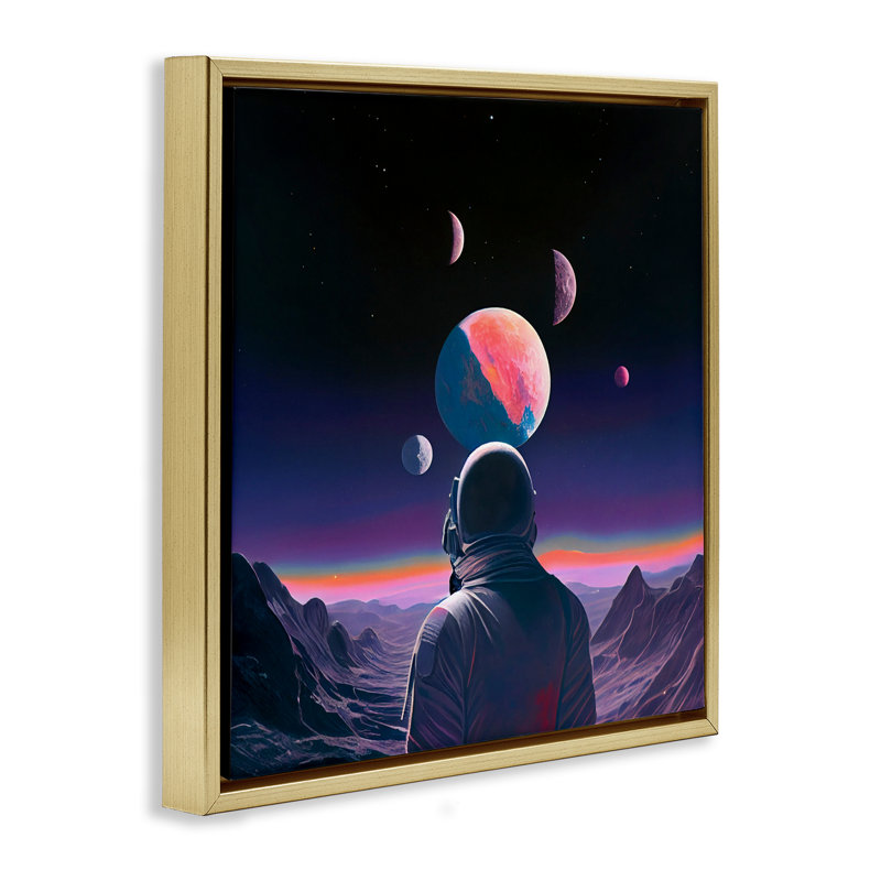 Astronaute et cadre flottant de terrain aux tons mauves, design par Sasha, H 18 po x l 18 po, Cadre flottant métallique doré