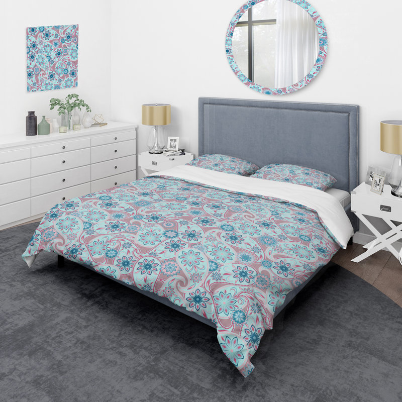 Paisley floral rose et bleu - Ensemble de housse de couette abstrait - Microfibre de polyester