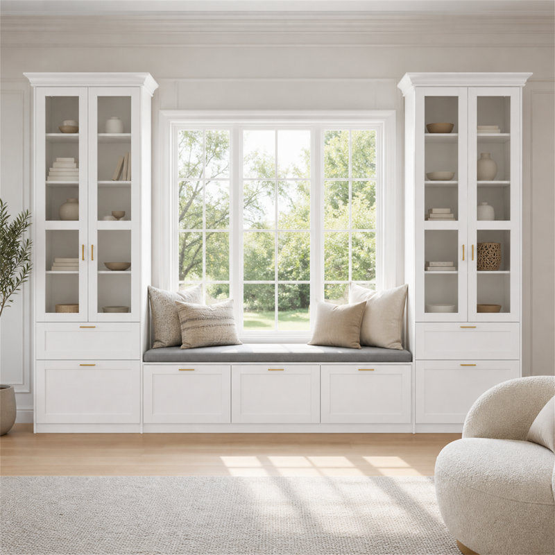 Armoire de rangement l 122 "x H 97" avec banc rembourré pour fenêtre