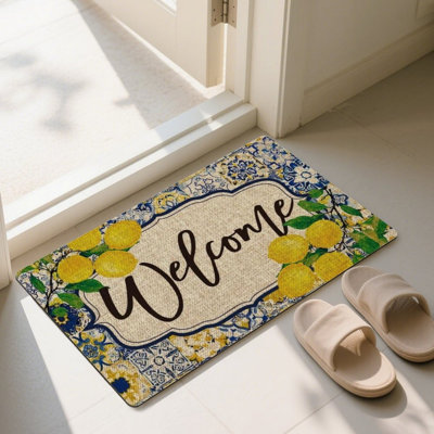 Tapis de cuisine méditerranéen citron, pour cuisine et patio, 24 x 36 po, bleu jaune