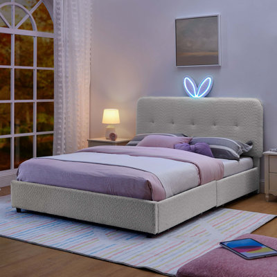 Lit tapissier pour enfants avec tête de lit surdimensionnée pour oreilles de lapin, lumières DEL et 4 tiroirs de rangement