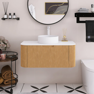 Meuble-lavabo mural 36 po avec bords arrondis et conception rayée, armoire de rangement avec tiroir, jumelé à un lavabo rond en céramique blanche