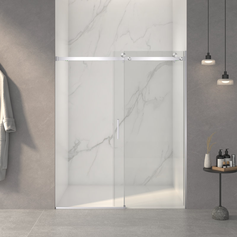 Porte de douche coulissante sans cadre de 56 à 60 po x H 70 po avec verre trempé de 5/16 po et système de tampon