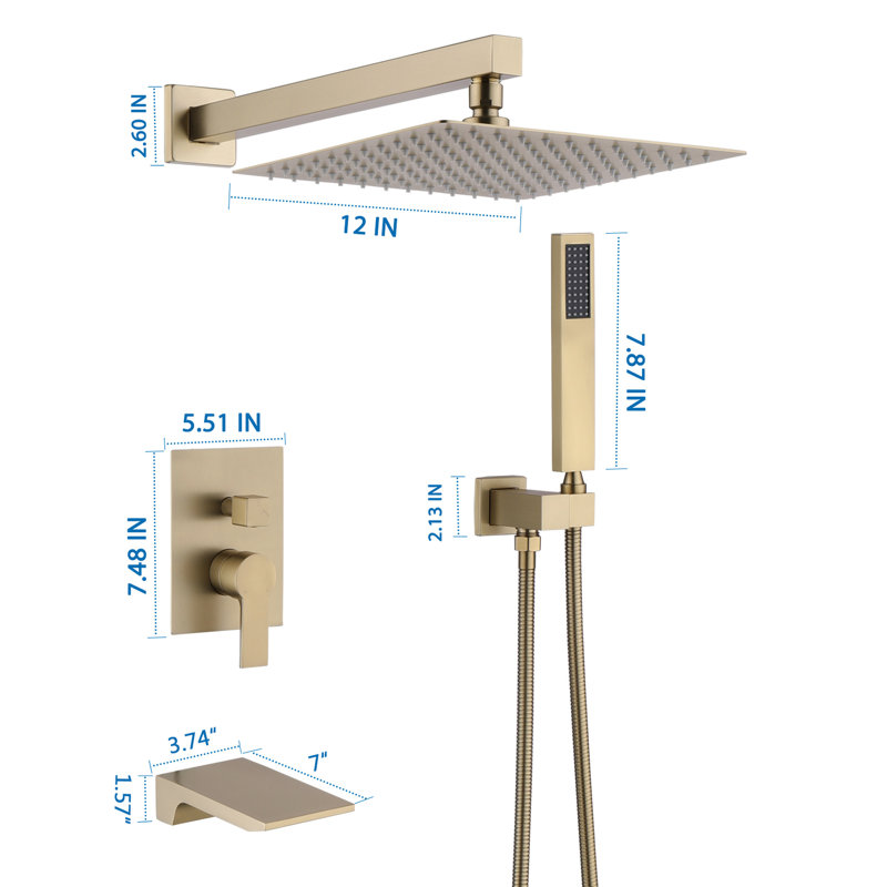 Complete Shower Kit With 12" Head And Handheld, Wall Mounted, Ceramic Disc, Balance, Magnificent Look, Brushed Gold Elegant