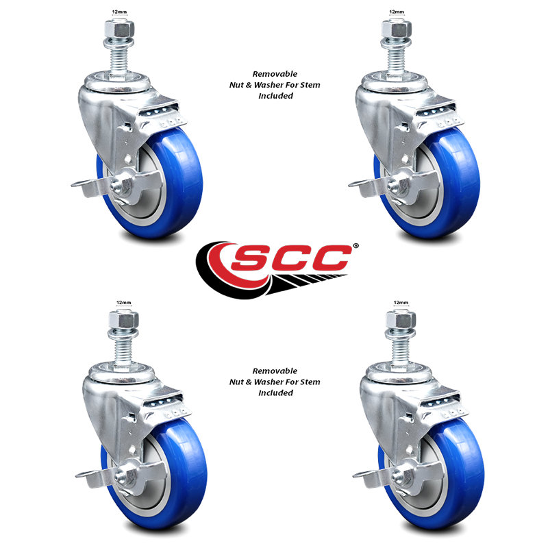 4 Inch_Polyurethane Swivel 12mm Threaded Stem Caster Set with Brake, Blue