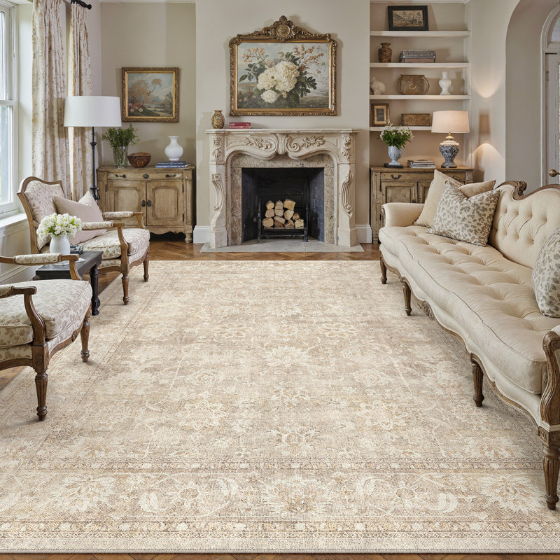 Tapis Rosalie lavable à la machine, motif floral vintage, avec envers antidérapant, Beige, Rectangle 8' x 10'