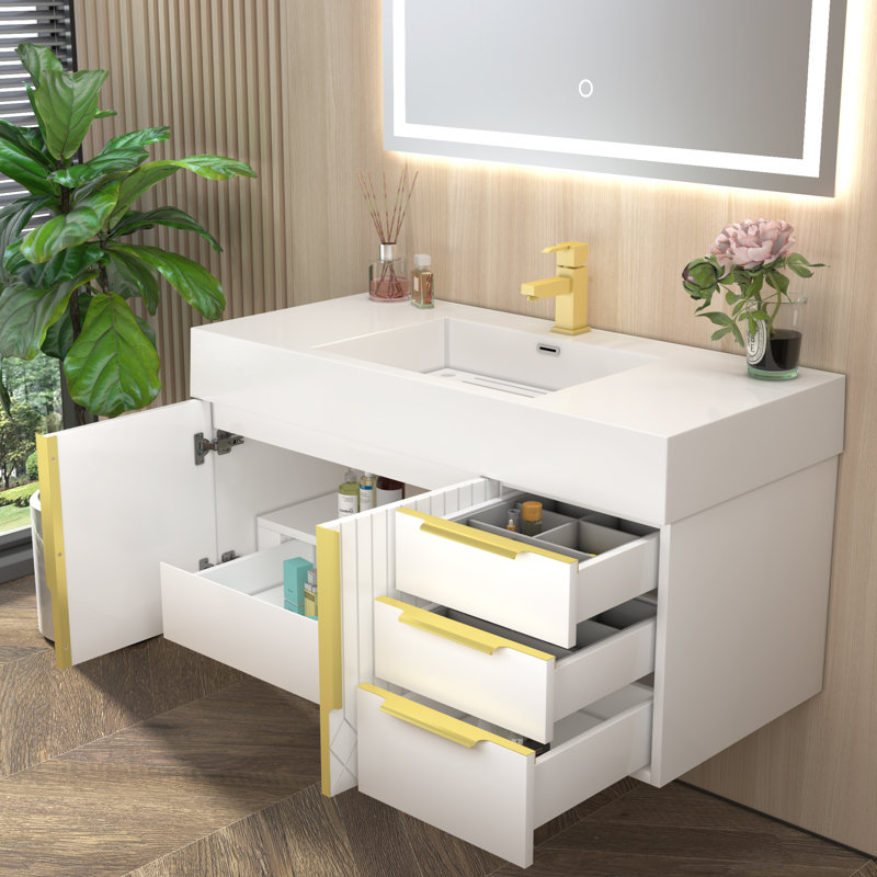 Milana Floating Bathroom Vanity With Reinforced Acrylic Sink In Gloss White And Right Side Drawers, 42"
