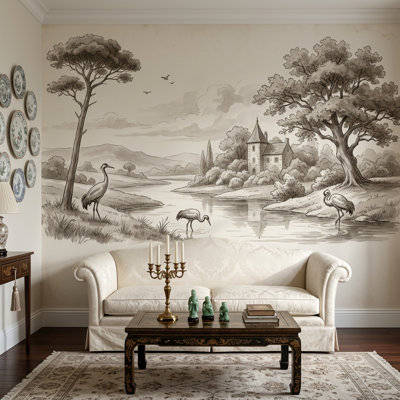 Vintage Illustration Wallpaper Landscape River Wall Mural