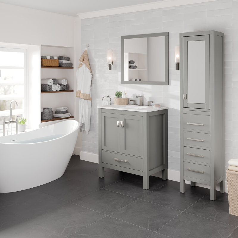 Minnich 30"W x 22"D Bathroom Vanity with White Carrara Countertop and Undermount Porcelain Sink, Gray, Quartz - White Carrara