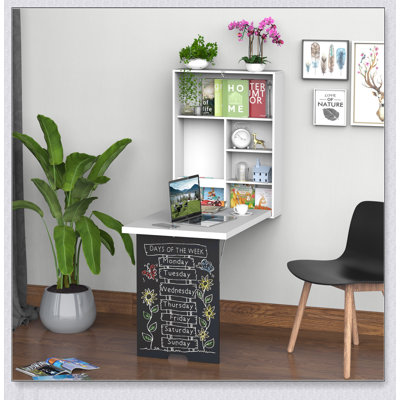 HOMCOM Wall Mounted Foldable Desk with Blackboard, Convertible Floating Design with Shelves for Space-Saving and Organization