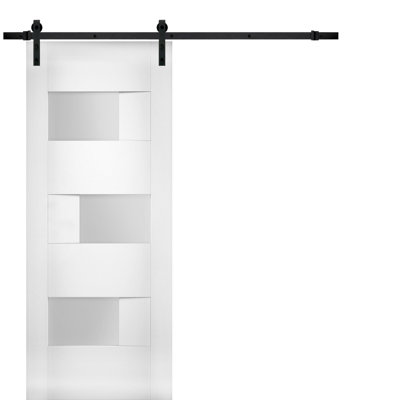 Porte de grange moderne en verre opaque / soie blanche 6933 Sete / ensemble de quincaillerie de rail lourd 6,6 pi / portes intérieures à panneau plein - 30 po x 80 po